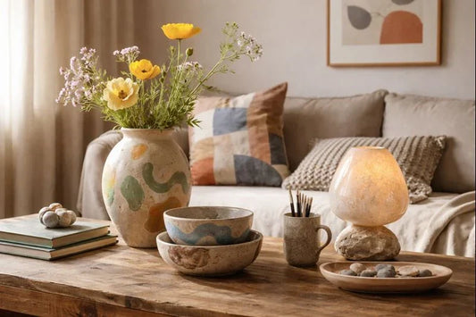 Sunlit living room with handmade ceramic vase, bowls, and sculptural lamp arranged on a wooden coffee table