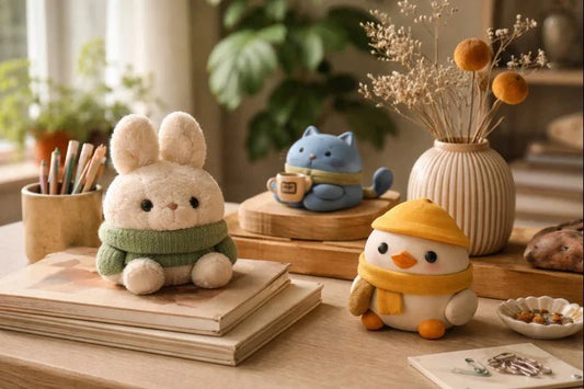 Cozy desk scene with plush and vinyl animal figurines on stacked books, pencils, and ceramics in warm natural light
