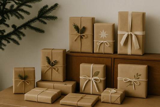 A row of kraft-paper Christmas gifts with simple ribbons and greenery arranged on a wooden cabinet beside evergreen branches.