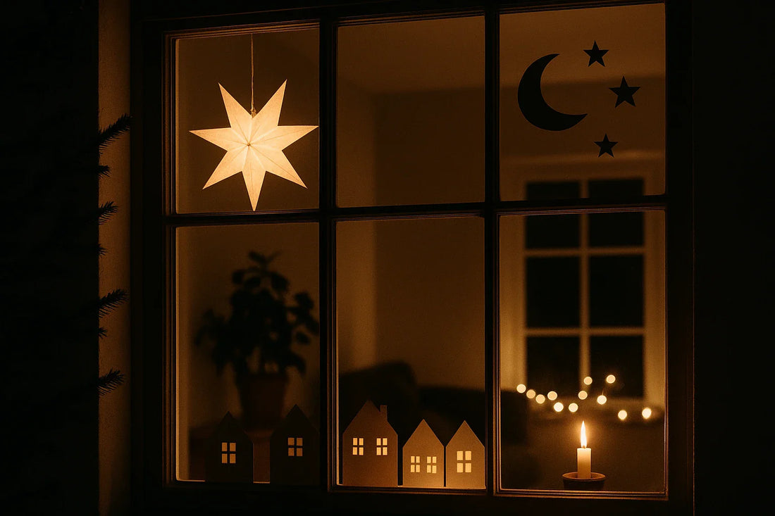 A warmly lit window with a glowing paper star, moon and star cutouts, small paper houses, and a candle creating a cozy Christmas scene.