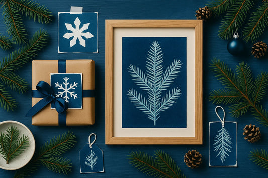 Indigo cyanotype Christmas prints arranged with pine branches, pinecones, a wrapped gift, and a framed botanical artwork.