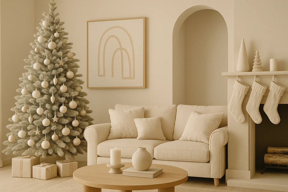 A monochrome beige living room with a cream Christmas tree, matching ornaments, stockings, and soft-toned furniture.