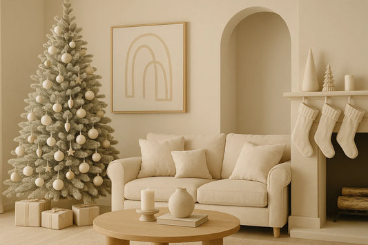 A monochrome beige living room with a cream Christmas tree, matching ornaments, stockings, and soft-toned furniture.