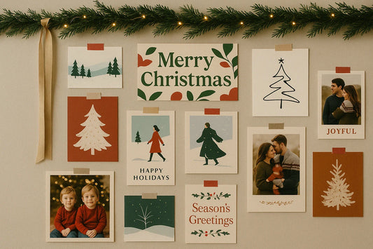 A Christmas gallery wall of holiday cards and photos displayed beneath a garland with warm fairy lights.