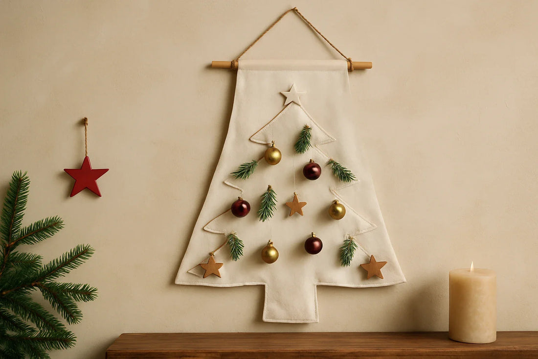 A minimalist wall-hanging fabric Christmas tree decorated with sprigs and ornaments beside a candle and pine branch.