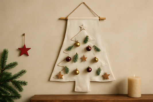 A minimalist wall-hanging fabric Christmas tree decorated with sprigs and ornaments beside a candle and pine branch.