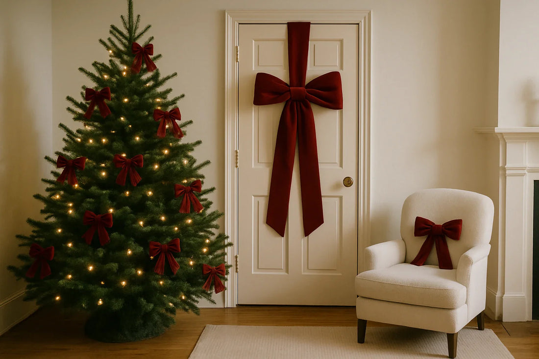 A cozy living room with a Christmas tree decorated with red bows beside a door and armchair, each adorned with large red velvet bows.
