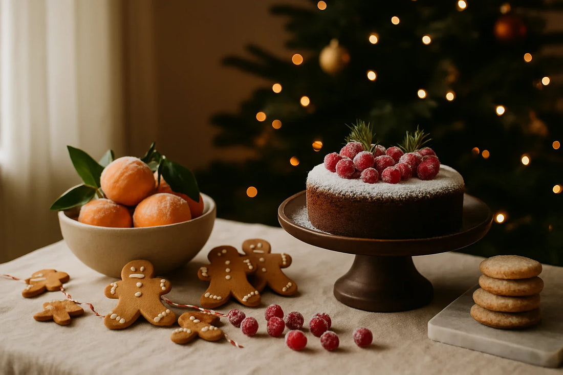 Holiday table with a sugared cake, fresh clementines, gingerbread cookies, and cranberries in front of a softly lit Christmas tree.