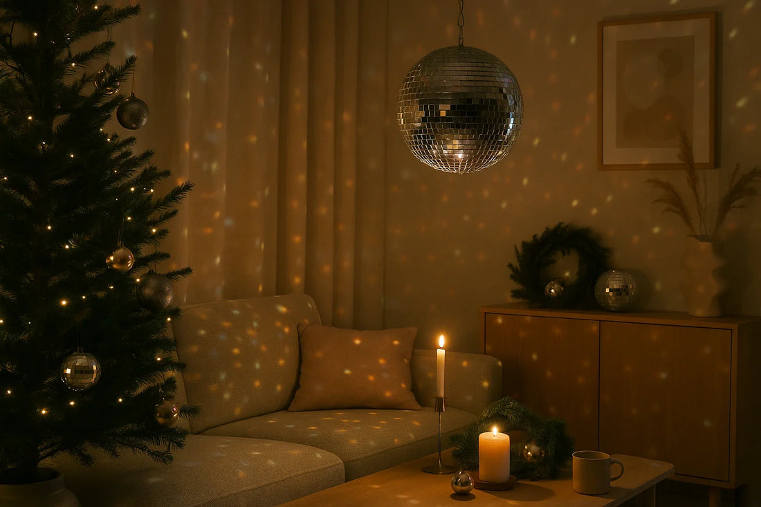 Cozy living room with a Christmas tree and a hanging disco ball casting warm, colorful reflections across the space.