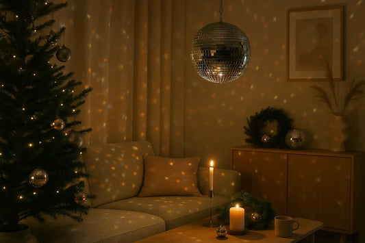 Cozy living room with a Christmas tree and a hanging disco ball casting warm, colorful reflections across the space.