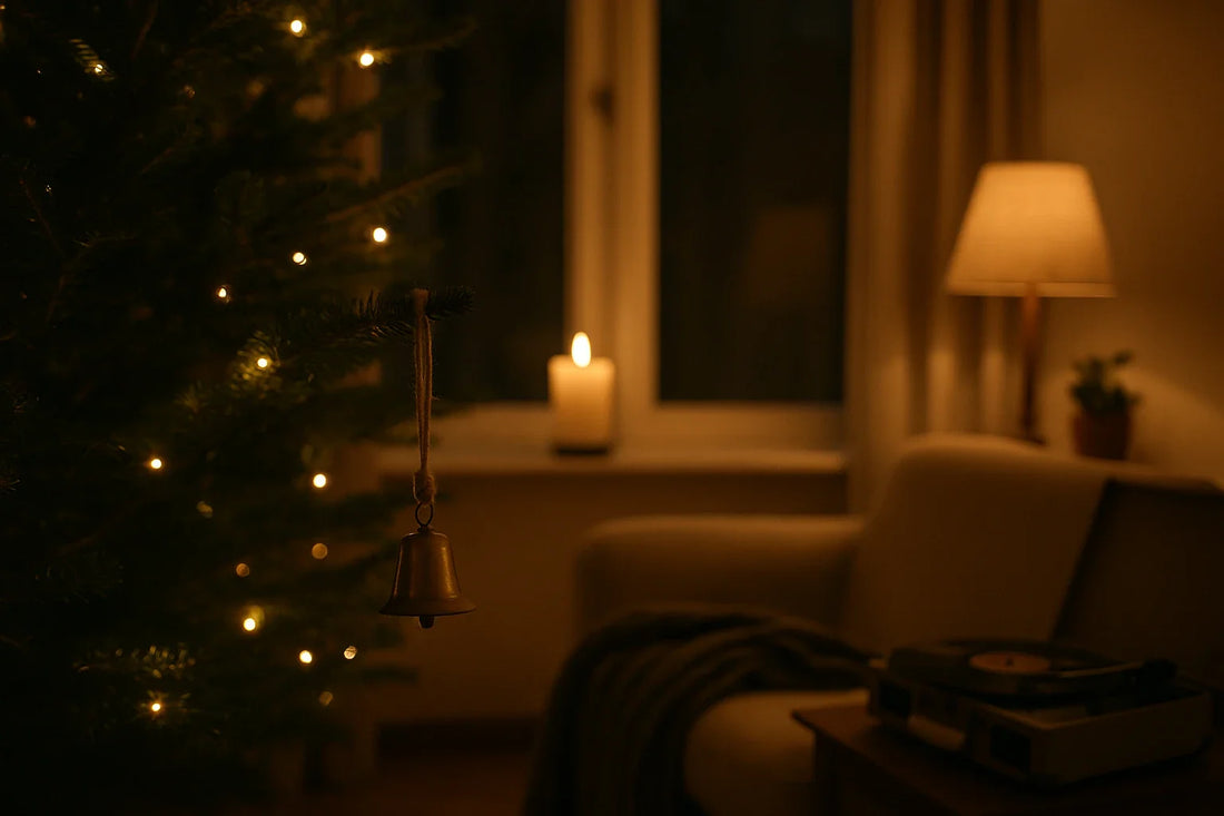 Soft-lit living room with Christmas tree lights, a hanging brass bell ornament, candle glow, armchair, and turntable creating a quiet holiday mood.