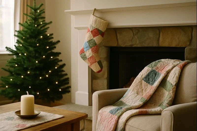 Cozy living room with a patchwork quilt on an armchair, a quilted stocking on the fireplace, and a softly lit Christmas tree.