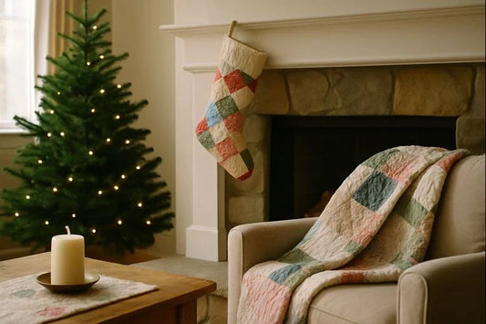 Cozy living room with a patchwork quilt on an armchair, a quilted stocking on the fireplace, and a softly lit Christmas tree.