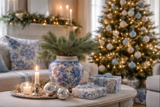 Blue-and-white ginger jar with pine branches on a coffee table, wrapped gifts and candle, Christmas tree glowing in the background.