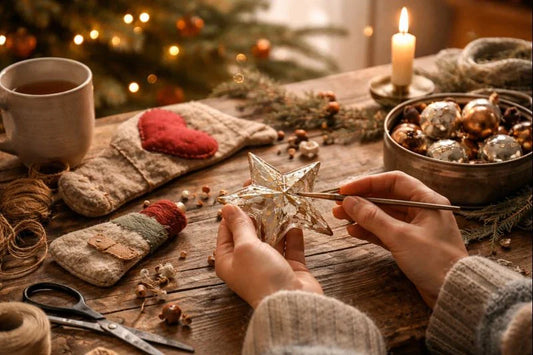 Hands repairing a glass star ornament on a wooden table, with sewing tools, candlelight, and a softly glowing Christmas tree behind
