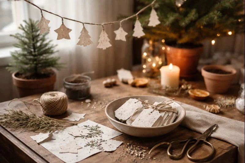 Seed paper gift tags and ornaments arranged on a wooden table with candlelight, twine, dried herbs, and soft Christmas greenery