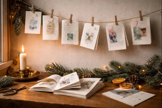 Cozy holiday table with handmade paper zines clipped on twine, candlelight, pine branches, and dried oranges in warm winter light