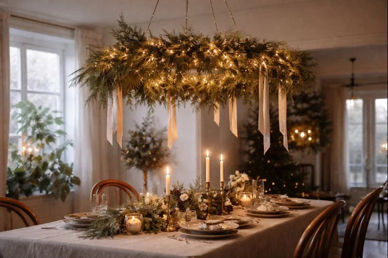 Festive dining table beneath a hanging wreath chandelier with greenery, soft lights, candles, and neutral holiday décor