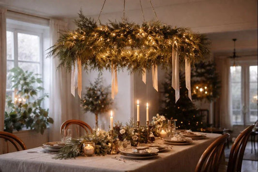 Festive dining table beneath a hanging wreath chandelier with greenery, soft lights, candles, and neutral holiday décor