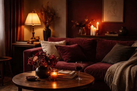 Warm living room with burgundy velvet sofa, candlelit wooden table, deep red flowers, books, and glass of wine