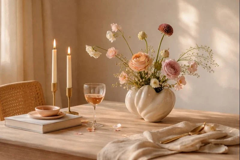 Softly lit wooden table with blush flowers in a ceramic vase, lit candles, rosé glass, books, and petals creating a romantic Valentine mood