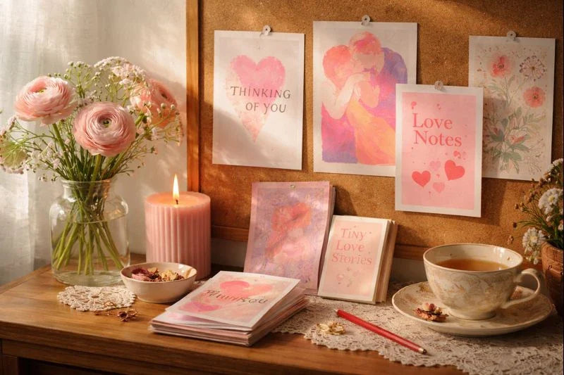 Sunlit wooden dresser with risograph-style prints, pink flowers, candle, stacked zines, teacup, and lace runner.
