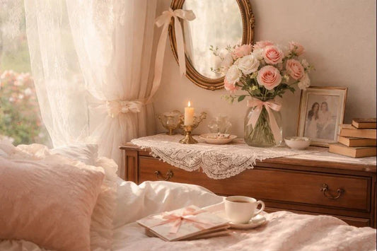 Soft romantic bedroom with lace curtains, wooden dresser, pink roses, candlelight, and letters on an unmade bed.