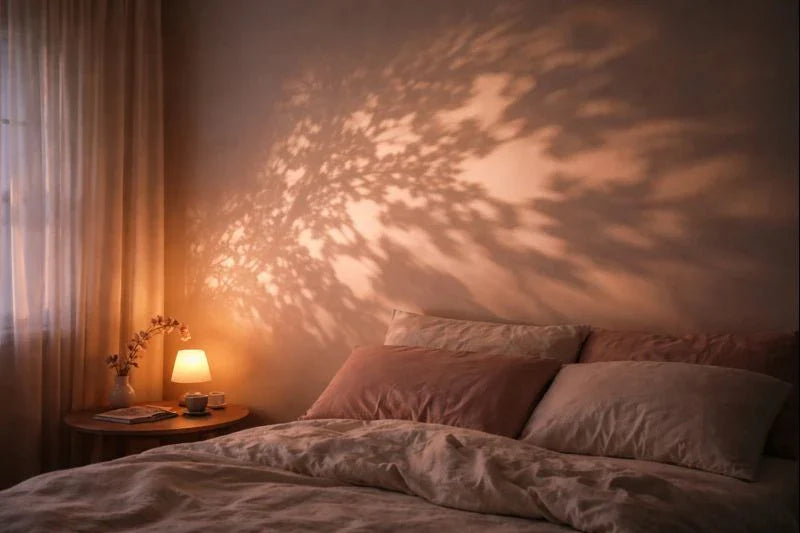 Warmly lit bedroom at dusk with rumpled bedding, a bedside lamp, and soft floral shadows projected on the wall