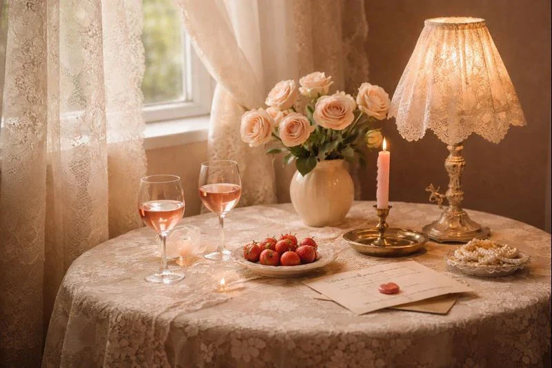 Romantic lace-covered table with roses, rosé glasses, candlelight, and a handwritten love letter by a sunlit window