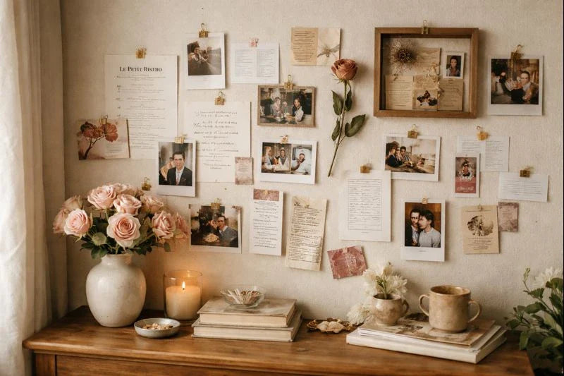 Warm, intimate interior with a memory wall of photos, notes, menus, and dried flowers above a wooden console with roses and candle.