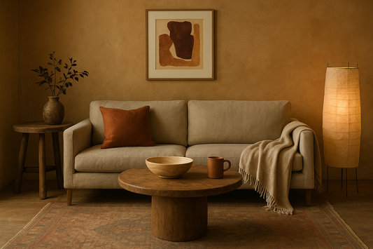 Warm living room with beige sofa, terracotta pillow, rustic wood table, paper lamp, and abstract wall art.