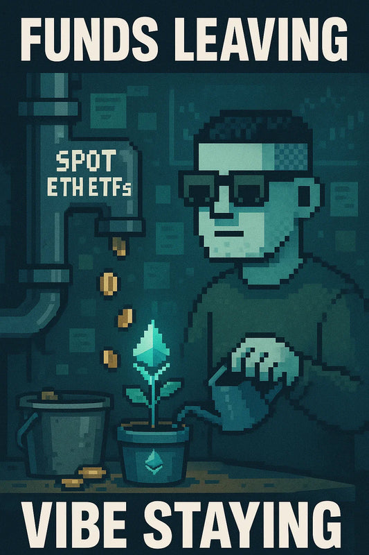 平静的体素角色正浇灌着发光的ETH嫩芽，标有“$ETH ETFs”字样的管道正滴落着硬币；资产平静与资金外流的反差，何其讽刺。