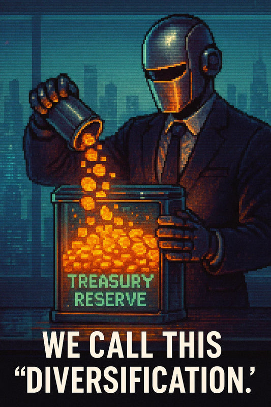 Corporate android stacks a $BTC treasury for Altvest’s planned $210M raise; boardroom scene with glowing coin vault.