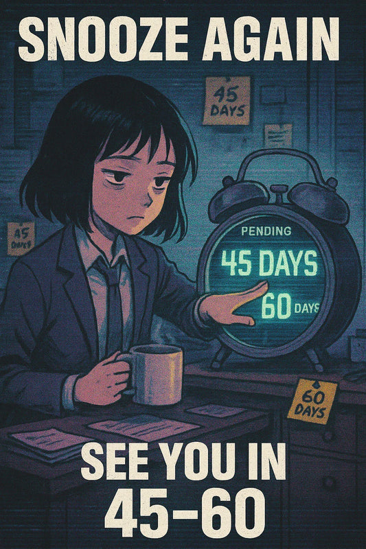 Anime office worker hits snooze on giant clock labeled 45 and 60 days; captions SNOOZE AGAIN and SEE YOU IN 45–60; references $ETH $SOL $XRP ETF delays.