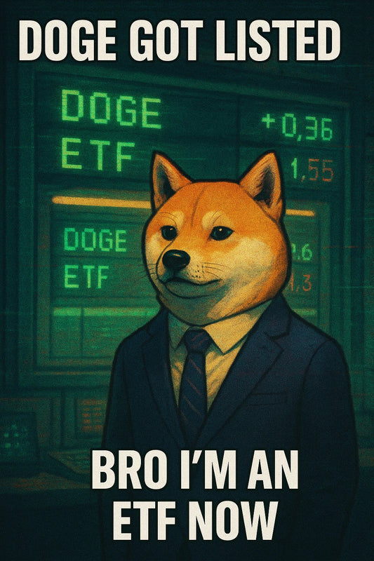 Centered anime-style Shiba in a suit under retro tickers announcing a DOGE ETF; cozy-cyberpunk glow; $DOGE price vibes; meme-poster energy.