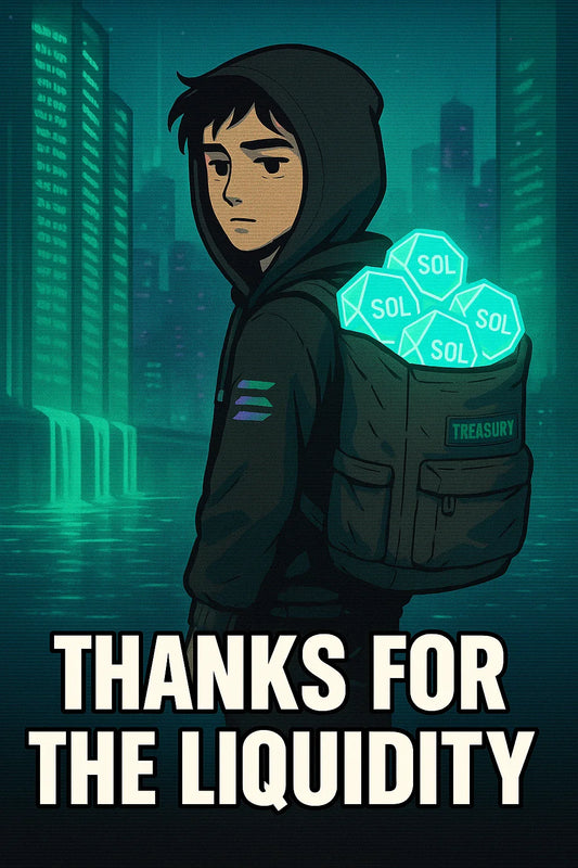 Anime-style builder stands center with a backpack of glowing $SOL chips as exchange order books melt around them; nods to Galaxy buys; Solana near highs; tags: $SOL, Galaxy Digital, SOL treasury.