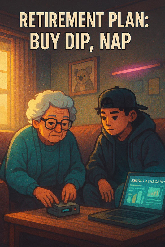 Wholesome living-room scene of a retiree and grandkid setting up a crypto wallet for an Australian SMSF; warm light, cozy cyber vibe; reference $OKB ecosystem and SMSF allocation trend.