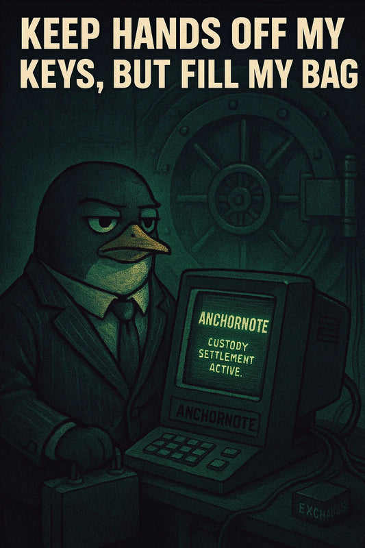 Suited penguin at CRT using AnchorNote to trade from custody vault; nods to Deutsche Börse Crypto Finance, custody settlement, $BTC collateral.