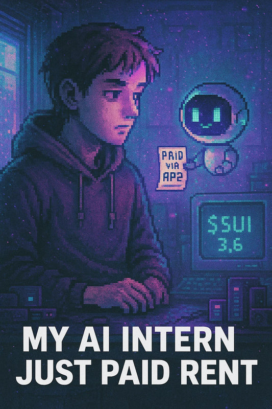 Vertical meme of a hoodie-clad user and a tiny AI assistant holding a rent receipt “PAID VIA AP2”; $SUI price on CRT; Google AP2 reference.
