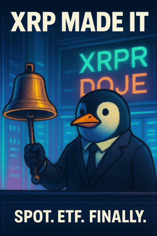 A suited penguin rings an exchange bell while XRPR and DOJE tickers scroll in a neon hall; calm face, phosphor glow; $XRP spotlight with CME options tease.