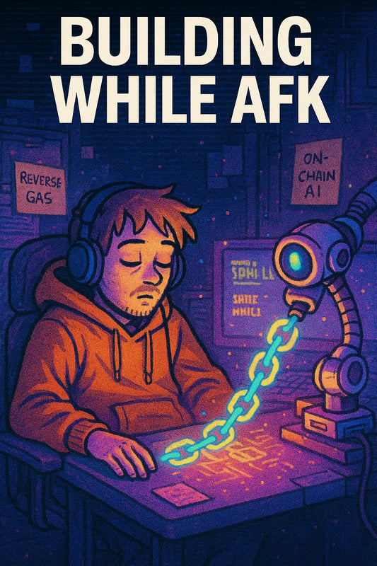 Cozy cyberpunk desk where a robot arm writes code onto a glowing chain while a tired builder naps; reference: $ICP, on-chain AI smart contracts.