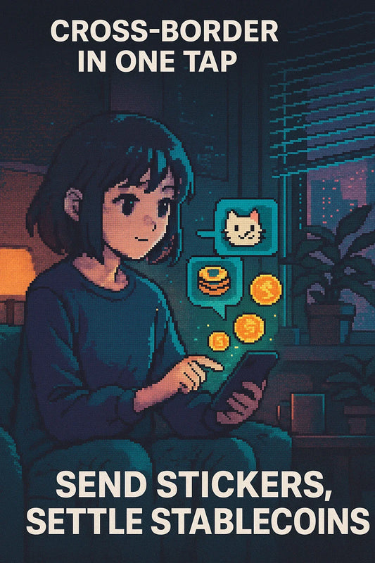 Cozy cyberpunk meme of an anime-style user sending sticker-like stablecoin payments in a LINE-style chat; highlights a planned stablecoin superapp by LINE/Kaia for cross-border pay; mentions generic stablecoins rather than a specific ticker.