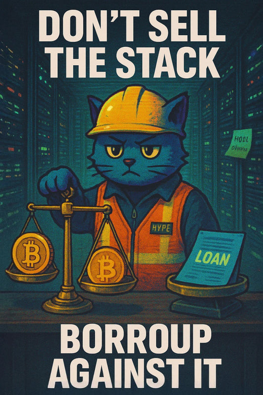Miner-cat stacks $BTC on a balance scale to secure $100M credit from Coinbase for CleanSpark; cozy server room, CRT glow; caption DON’T SELL THE STACK, BORROW AGAINST IT.