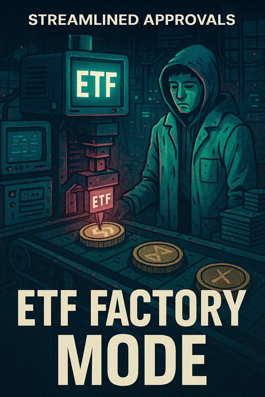 A retro-futuristic assembly line stamps crypto coins into ETFs under neon lights; operator looks resigned; $BTC ETF history hints at new $SOL and $XRP ETFs after SEC streamlining.