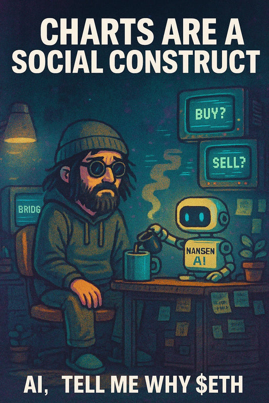 A chill mfer in a cluttered nook gets coffee from a tiny robot labeled Nansen AI while CRTs glow; caption CHARTS ARE A SOCIAL CONSTRUCT; references $ETH, EVM, AI trading.