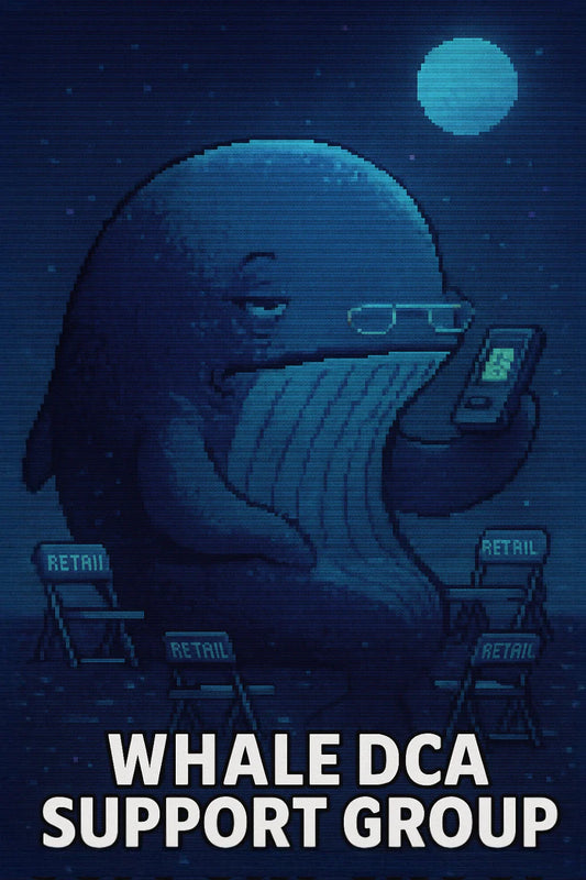 A calm pixel-noir whale taps buy on a ledger while $ETH dips under $4K; tiny empty chairs imply retail panic as whales accumulate.