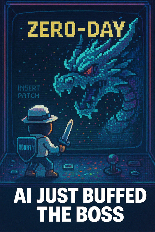 Retro arcade scene where a white-hat fights a glitch dragon called ZERO-DAY; nod to AI-boosted exploits outpacing bug bounties in crypto security; relevant to $ETH DeFi, $BTC infra, multisig ops.