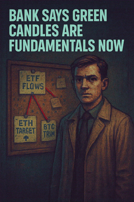 Investigator wall shows shifting flows toward $ETH ETFs while $BTC forecast gets trimmed; corkboard conspiracy aesthetic labeled with $ETH, $BTC.