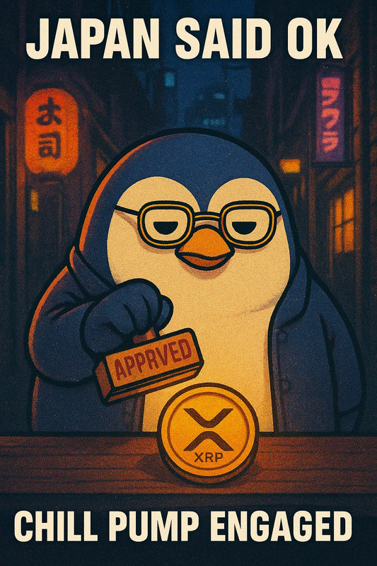 Chubby penguin banker stamping APPROVED on XRP coin in neon Tokyo alley; nods to SBI lending and possible $XRP ETF; warm lantern light, pixel-noir grain.