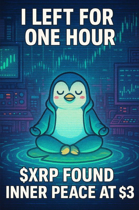 Anime-style penguin meditating in a neon pond as $XRP pops back over $3; CRT scanlines and soft haze evoke calm amid market chaos.